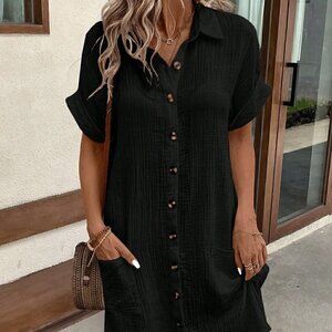Black Casual Women's Summer Solid Color Bat Wing Sleeve Shirtbaggy Pants Dress